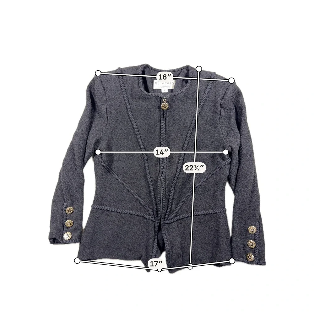St John Collection Marie Gray Jacket Womens 6 Black Zip Front Knit Gold Buttons